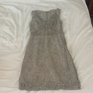 Strapless Silver Lace Cocktail Dress BCBG